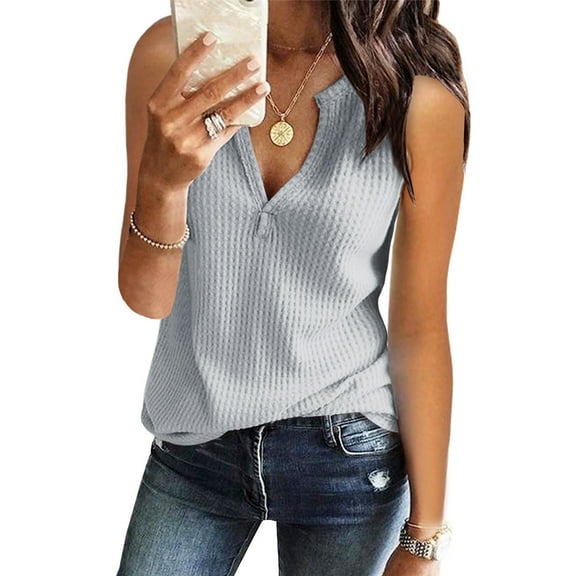 Womens V Neck Waffle Knit Vest Summer Casual Sleeveless Loose Tank Tops