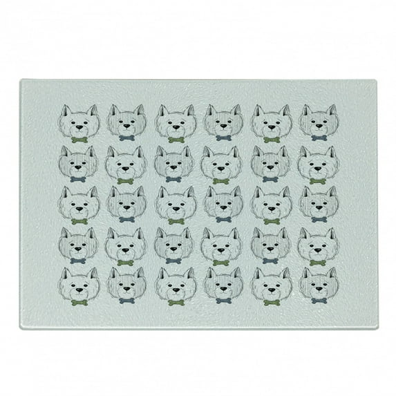 Scottie Dog Cutting Board, West Highland White Sketched Puppies with Bone Shape Bow Tie, Decorative Tempered Glass Cutting and Serving Board, in 3 Sizes, by Ambesonne