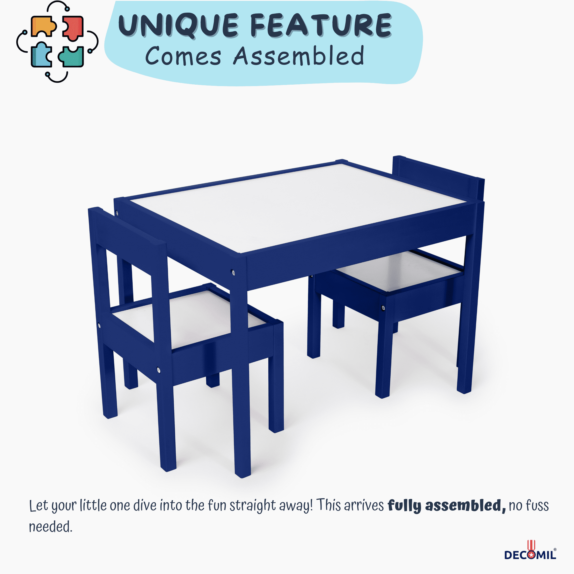 DECOMIL 3-Piece Kids Wooden Activity Table and Chair Set, Outdoor, Blue