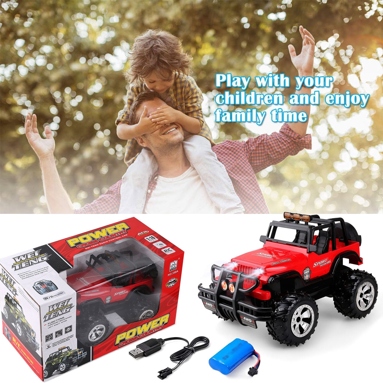 4WD Red RC Truck – Electric Jeep-Style Off-Road Radio Control Car for Kids Ages 3+