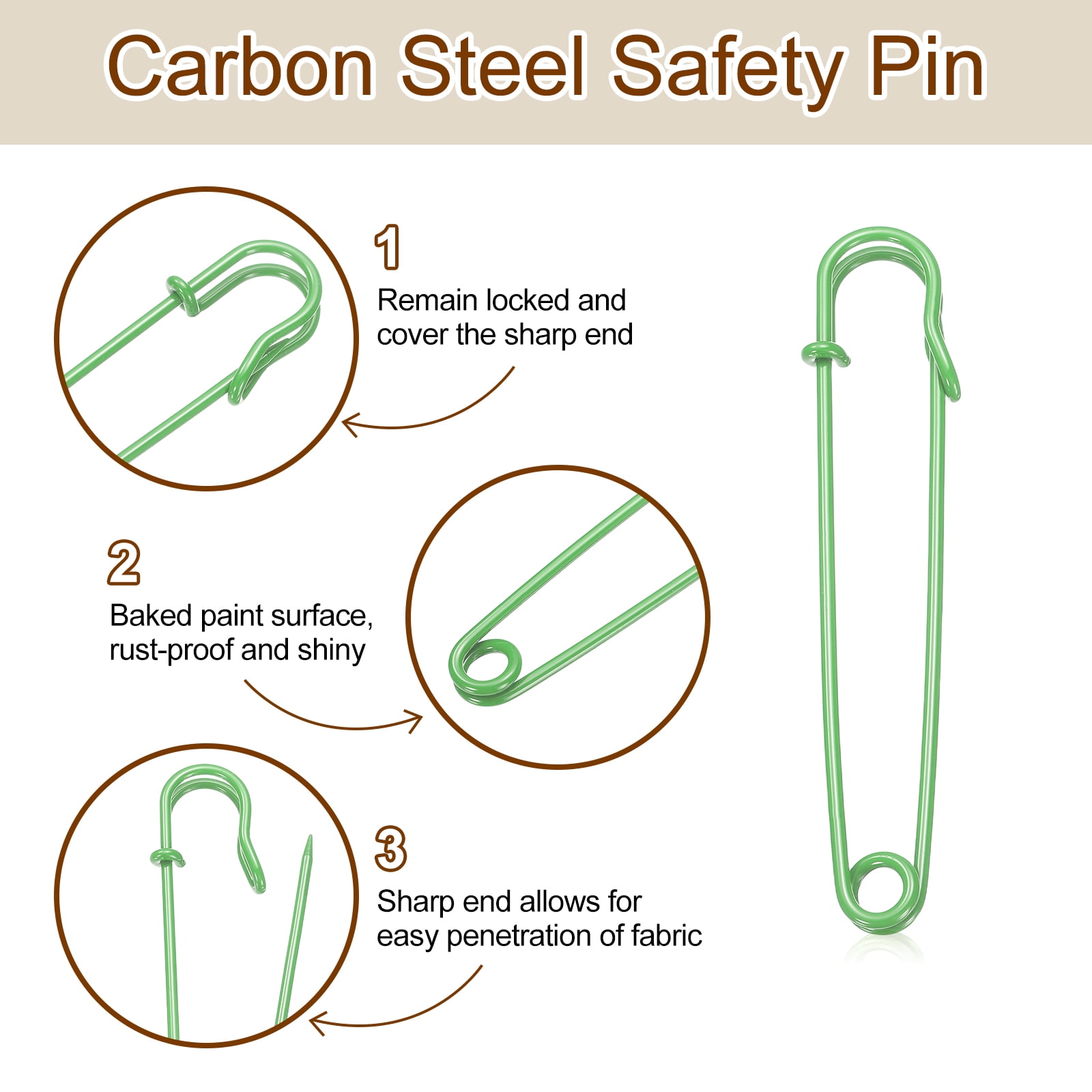 Uxcell 30pcs Safety Pins 100mm Baked Paint Large Safety Pin for Clothes, Green