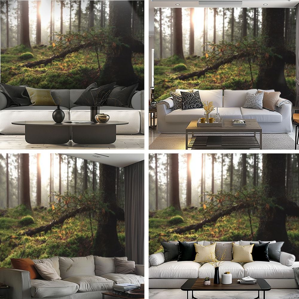 Peel and Stick Wallpaper sunrise between tree trunks forest Modern Art Wall Mural Decor Self Adhesive and Removable 69in x 98in