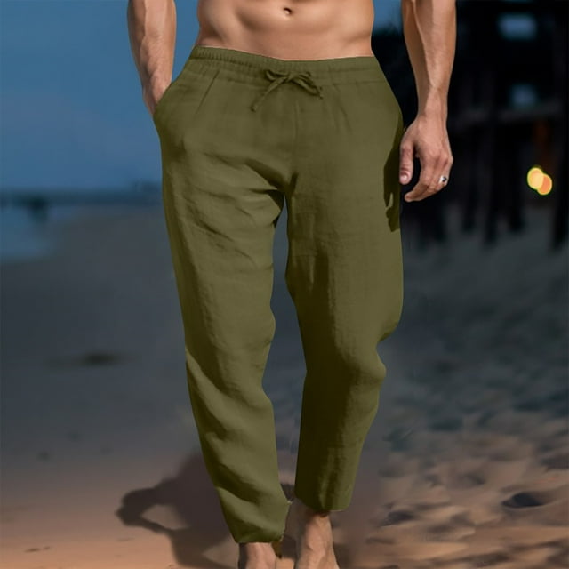 FcBaudy Full Length Pants Men's Casual Linen Drawstring Pocket Elastic Belt Straight Solid Pants Men Pants