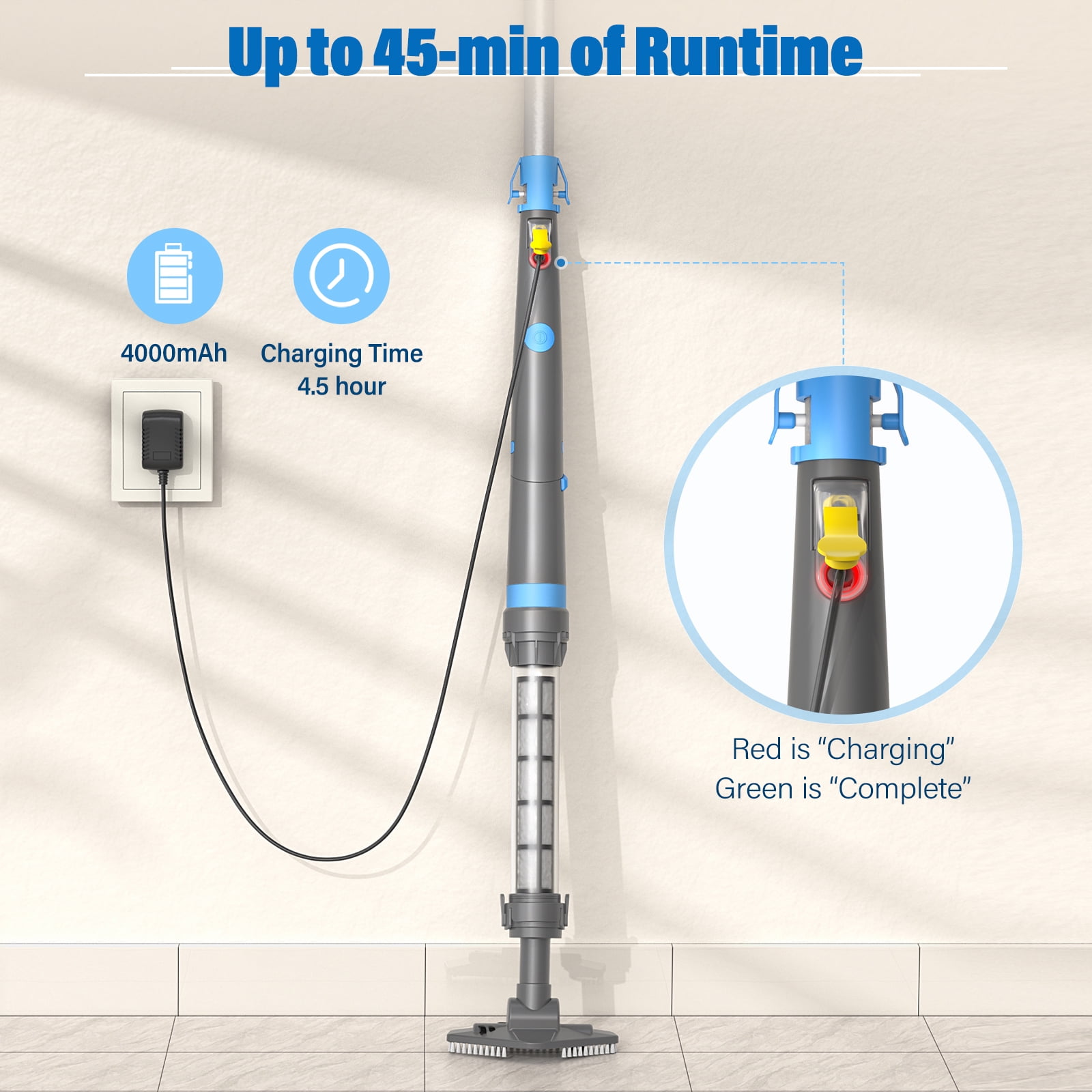 Efurden Handheld Pool Vacuum, Cordless Rechargeable Pool Cleaner with Round Brush for Spas, Hot Tubs and Small Pools (Blue)