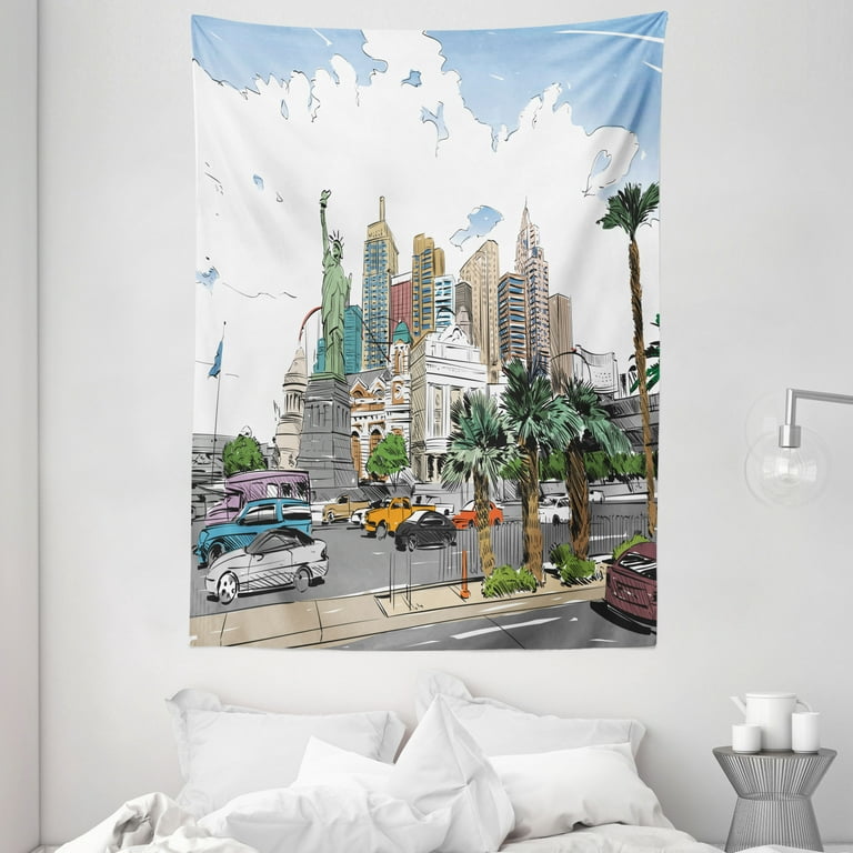 Ambesonne USA Tapestry, Hand Drawn Las Vegas City Nevada Street Sketch Buildings Statue of Liberty Cars Palms, Wall Hanging for Bedroom Living Room Dorm Decor
