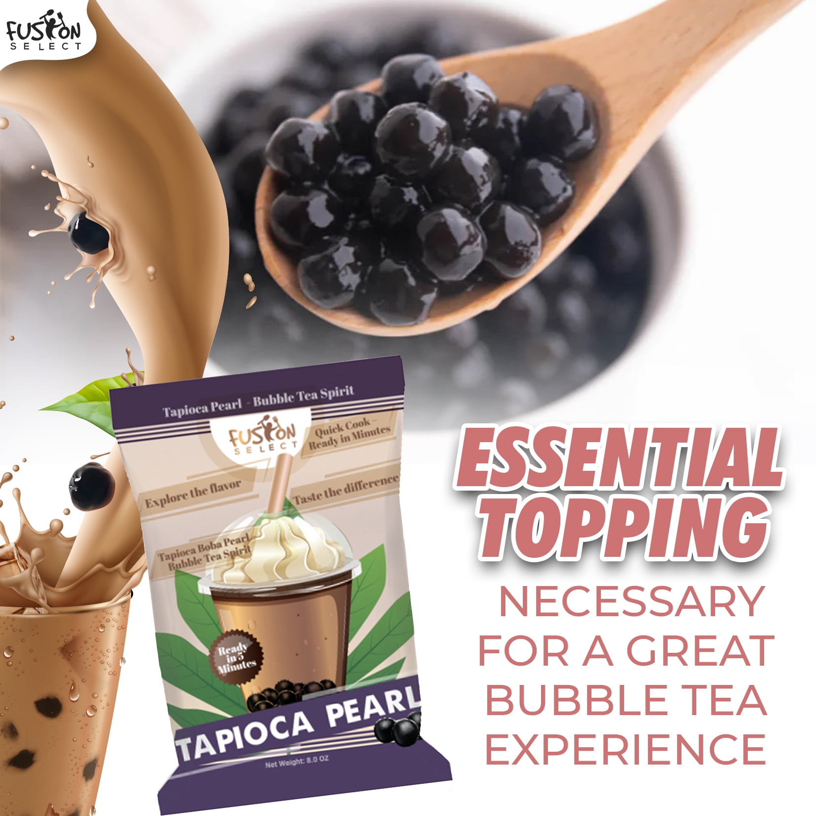 Fusion Select Tapioca Pearl - Black Sugar Flavor Quick Cook Tapioca, DIY Boba, Ready in 5 Minutes, Boba Pearls, Bubble Tea Pearl, Milk Tea Topping, Net Weight 8 Ounce (Pack of 1)