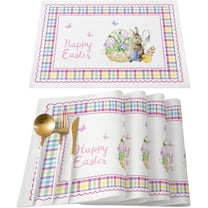 Easter Placemats Set of 6 Bunny Eggs Rabbit Spring Flower Tablemats for Dinner Table Buffalo Plaid Check Holiday Table Mats Washable Heat Resistant