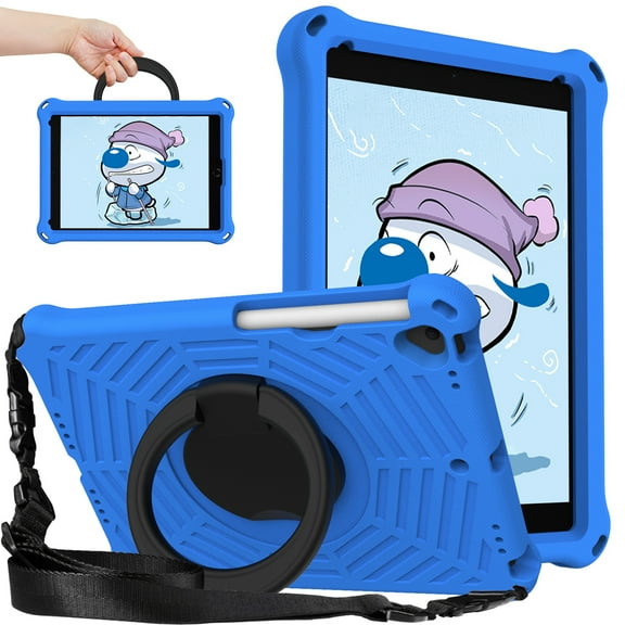 Case for Kids iPad 10.2" 2021/2020/2019 with Pencil Holder/Multi-Function Kickstand-Handle/Shoulder Strap, Protection Duty Shockproof Silicone Cover for iPad 9th/8th/7th Gen,Blue