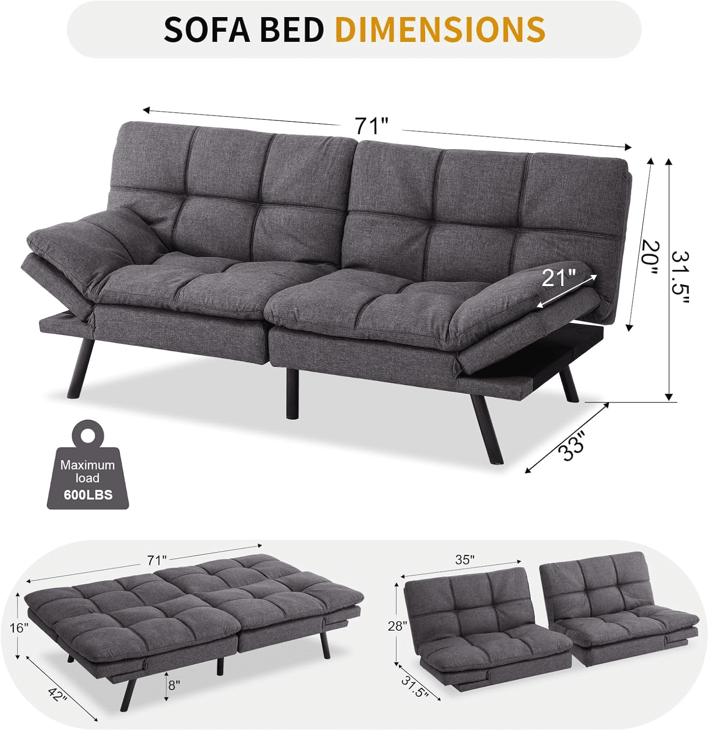 Hcore Modern Futon Sofa Bed, Convertible Memory Foam Couch Bed, Loveseats Sleeper Sofa, Futon Set