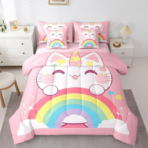 Manfei Kawaii Pink Cat Twin Bedding Sets 7-Piece for Kids, Cartoon Rainbow Bedding Comforter Set, Cute Stars Print Reversible Sheet Sets, Ultra Soft Home Decor