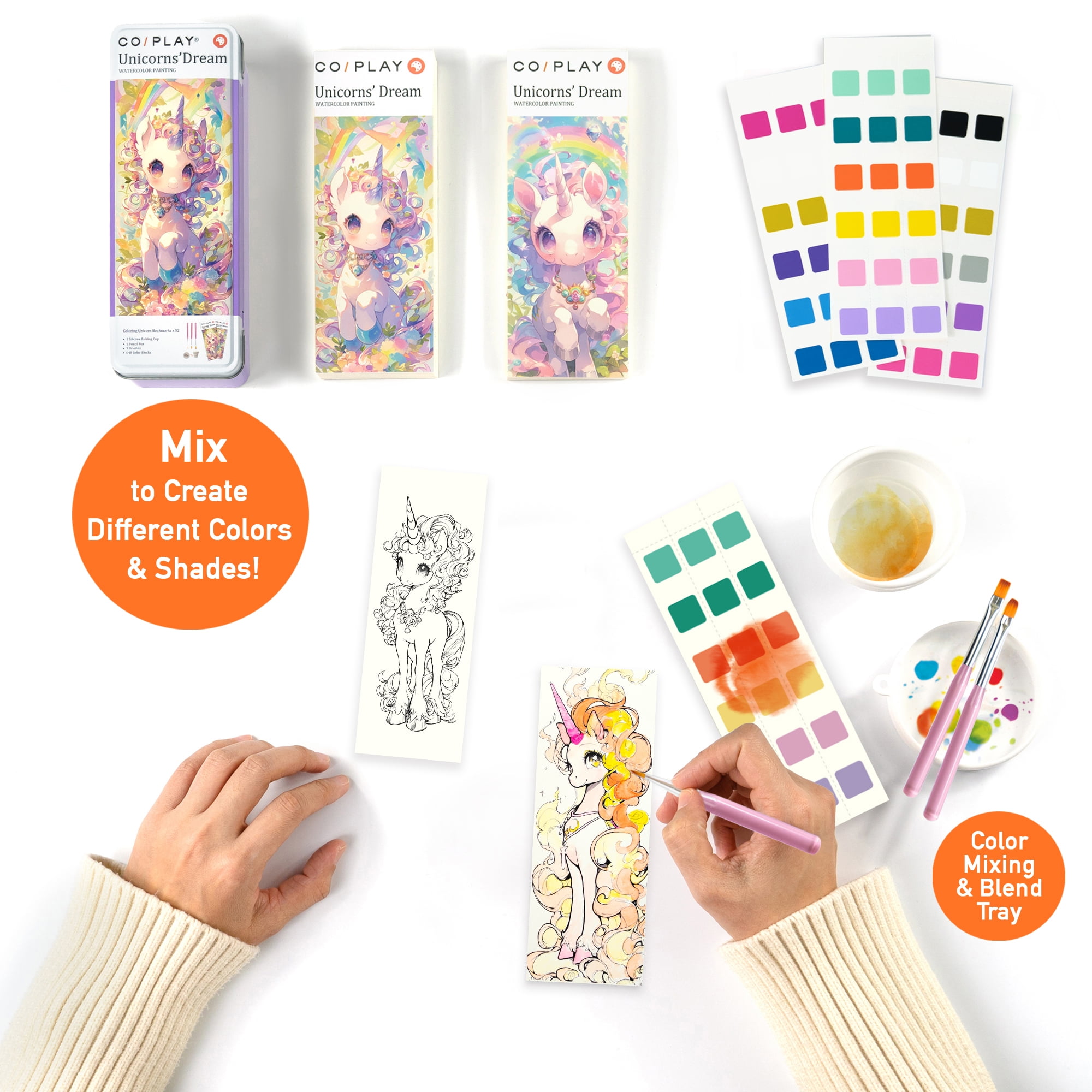 COIPLAY: Watercolor Painting Art Kit - Unicorns Dream - Tin Box, 52 Enchanting Bookmarks, 648 Color Blocks, 3 Brushes, Silicone Cup, Adults-Kids 6+