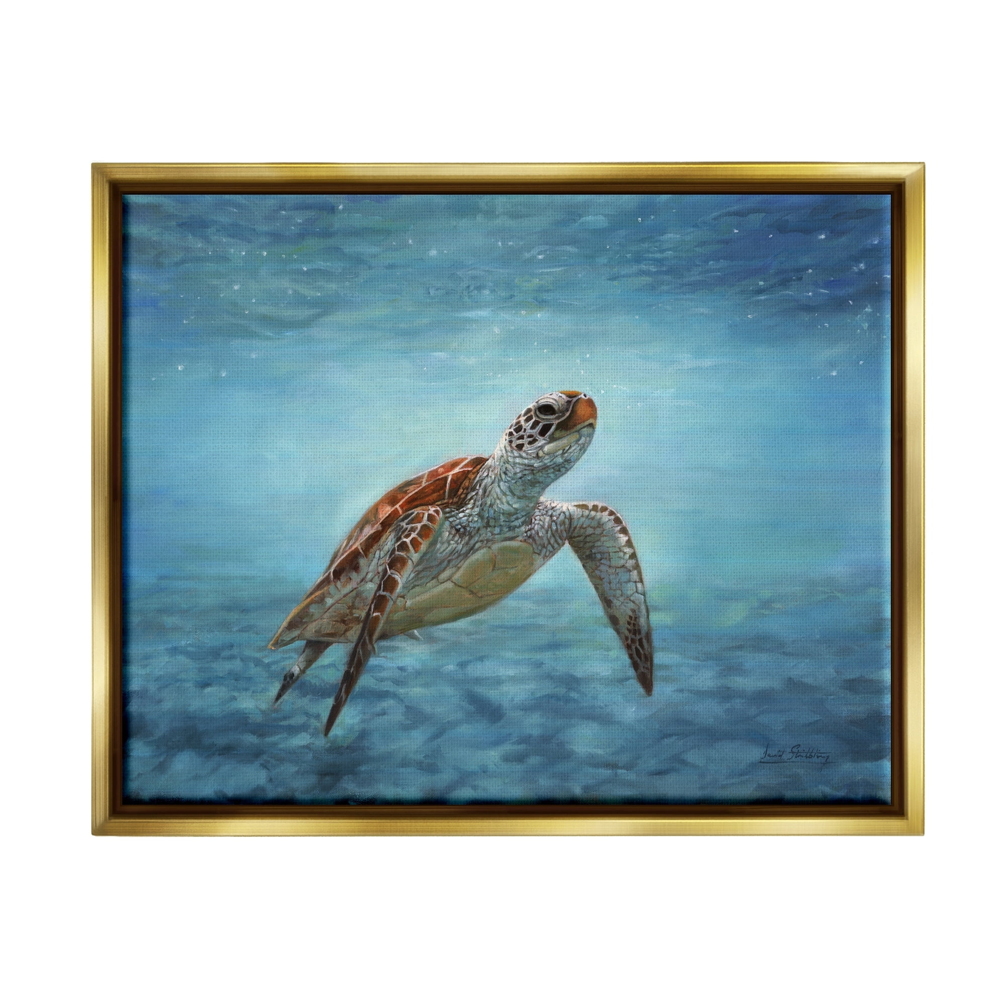 Stupell Industries Sea Turtle Underwater Marine Scene Deep Ocean Water Painting Metallic Gold Floating Framed Canvas Print Wall Art, Design by David Stribbling