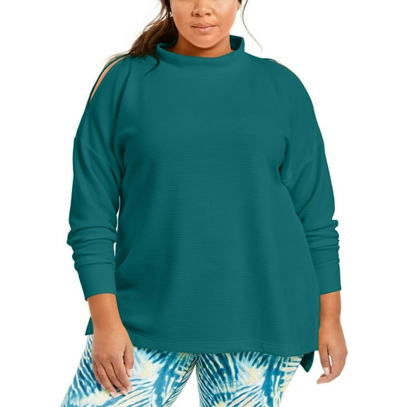 Ideology Women Plus Size 1X Split-Shoulder Mock-Neck Top Dark Turquoise