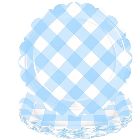 Anxinwu 25 Pack 7 Inch Scalloped Paper Plates - Gingham Check Disposable Dessert Plates for Birthday Party Tableware Supplies