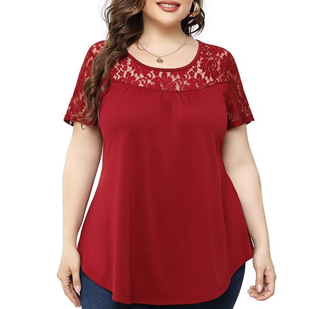 Puntoco Moda Mujer Causal Cuello Redondo Blusa Sólida Encaje Manga Corta Camiseta Verano Tallas Grandes tops Puntoco Puntoco-2552