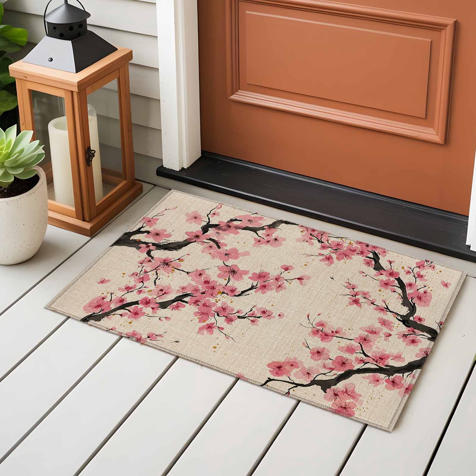 Entryway Rug 2'x3', Spring Flowers Small Rug for Kitchen Bathroom Door Mat Indoor Entrance, Country Pink Peach Blossoms Botanical Floral Non-Slip Area Rugs Floor Mats Carpet Front Door Rugs