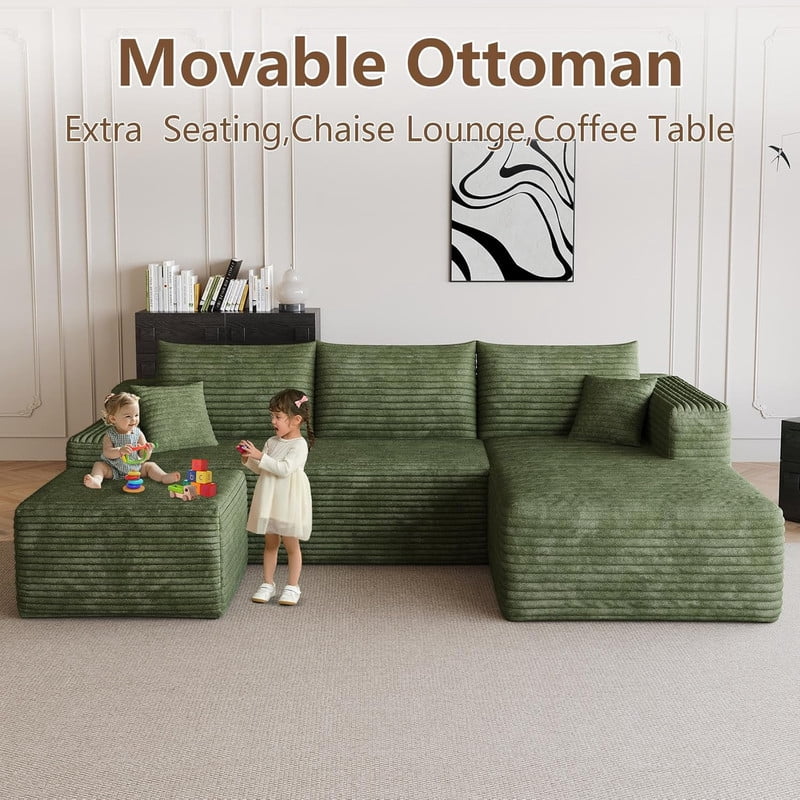 94" Modular Sectional Sofa with Ottoman, Modern Corduroy Cloud Couch with Deep Seat, Upholstered 3-Seater U-Shaped Sofa for Living Room, Right Facing Chaise