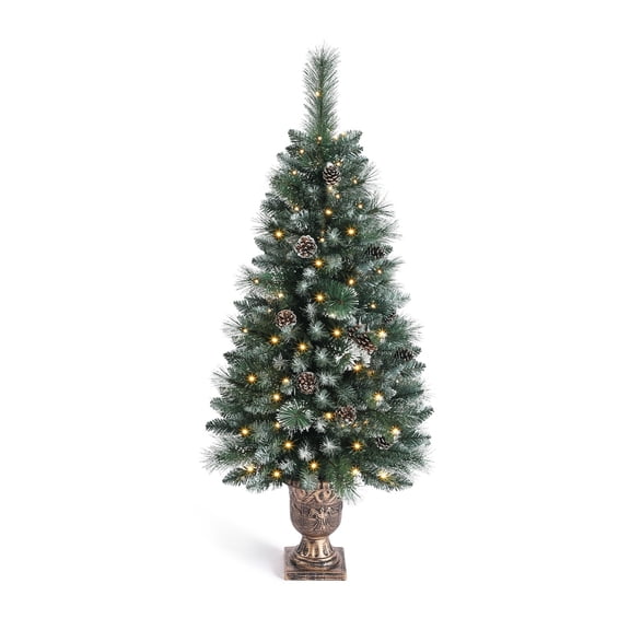 OasisCraft 4FT Christmas Tree, Pre-lit Artificial Christmas Tree with Flowerpot Base, Small Entrance Christmas Tree with LED Lights, Outdoor Christmas Tree with Pine Cones