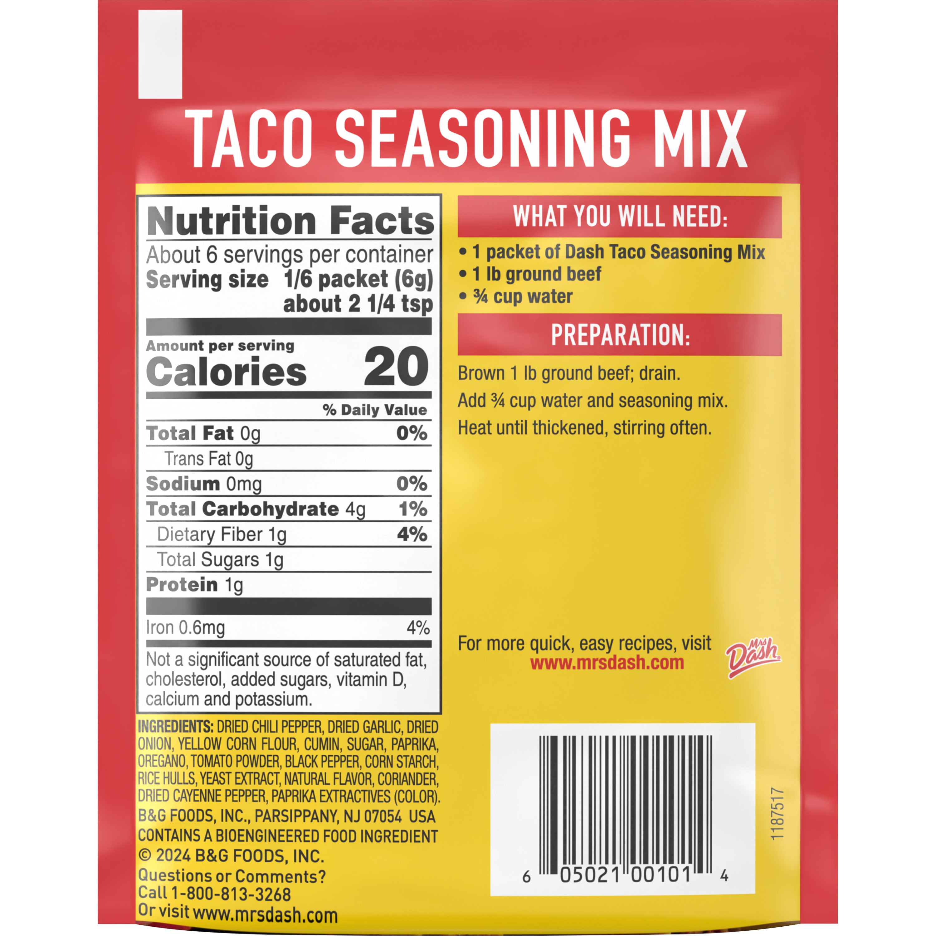 (4 pack) Dash Salt-Free Taco Seasoning Mix, Kosher, 1.25 oz. Packet