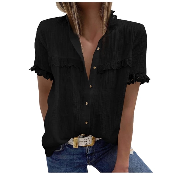 Camiseta holgada de manga corta con retazos de encaje liso informal a la moda para mujer, blusa con botones Pompotops hkajfhjk474158
