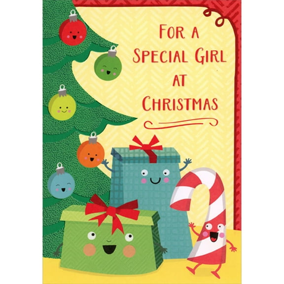 Designer Greetings Green Foil Tree, Smiley Faced Ornaments, Gifts and Candy Cane Juvenile Christmas Card for Young Girl