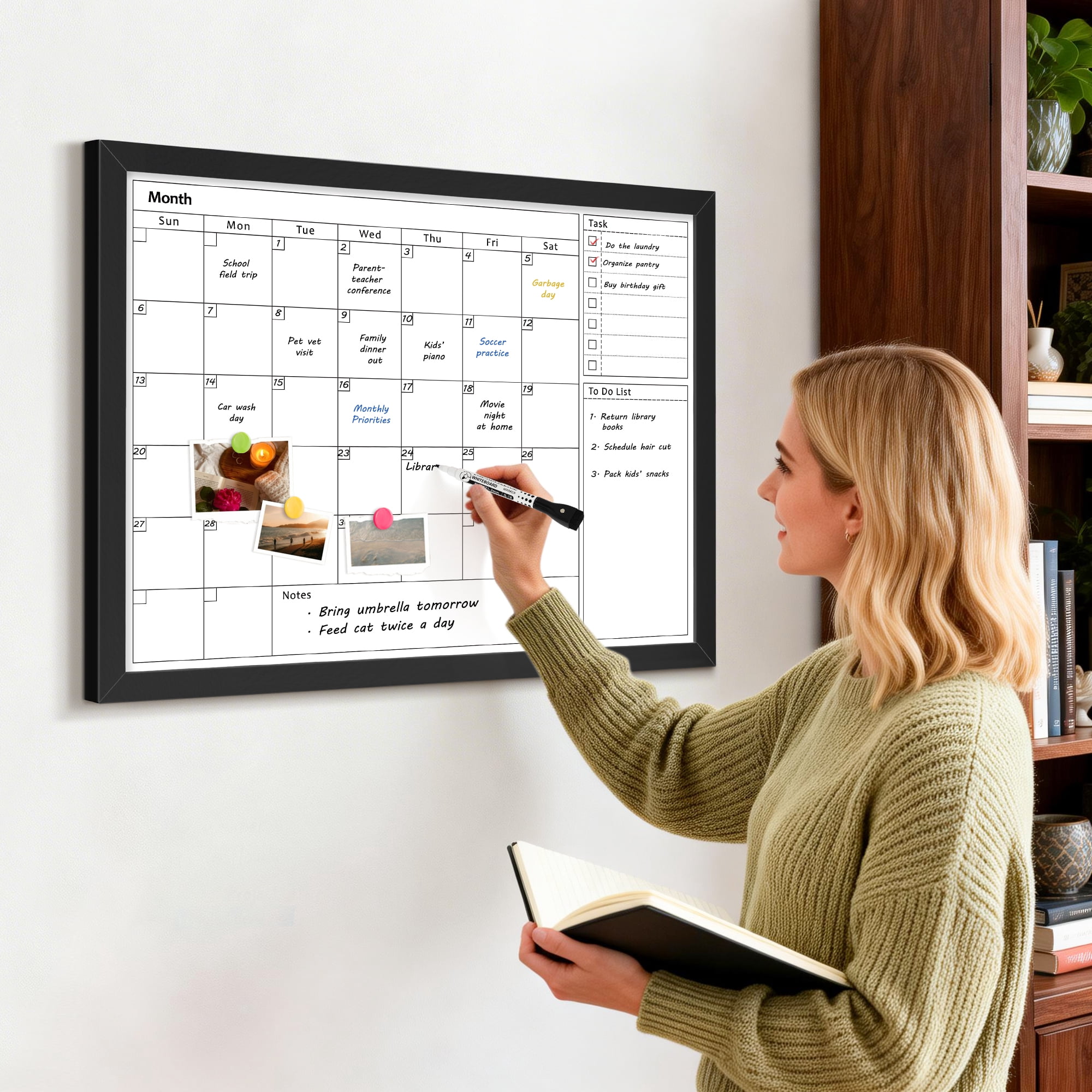DOLLAR BOSS Calendar White Board Dry Erase Calendar Whiteboard 24" x 18" Wall Mount Magnetic Whiteboard Monthly Whiteboard Calendar for Home Office School Includes 1 Eraser & 4 Markers & 8 Magnets