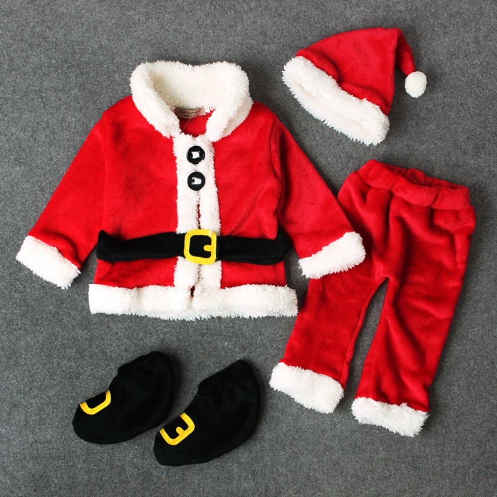 4PCS Noel Bebe Garcon Fille Santa Claus Tops Pantalons Chapeau Chaussures Vetements de Noel Ensemble Walmart