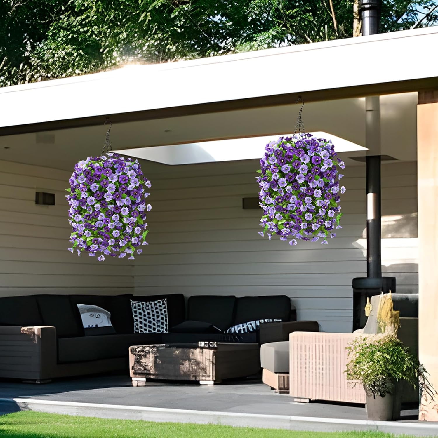 Artificial Fake Hanging Flowers Plants Baskets for Outdoor Spring Summer Decorations,Faux Morning Glory Silk Flower for Outside UV Resistant Patio Yard Home Porch Decor