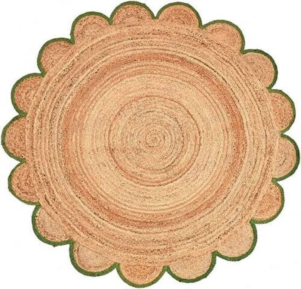 Natural Farmhouse Jute Round Rug with Green Border Design, Scalloped Round Rug Size 2 x 2 Feet