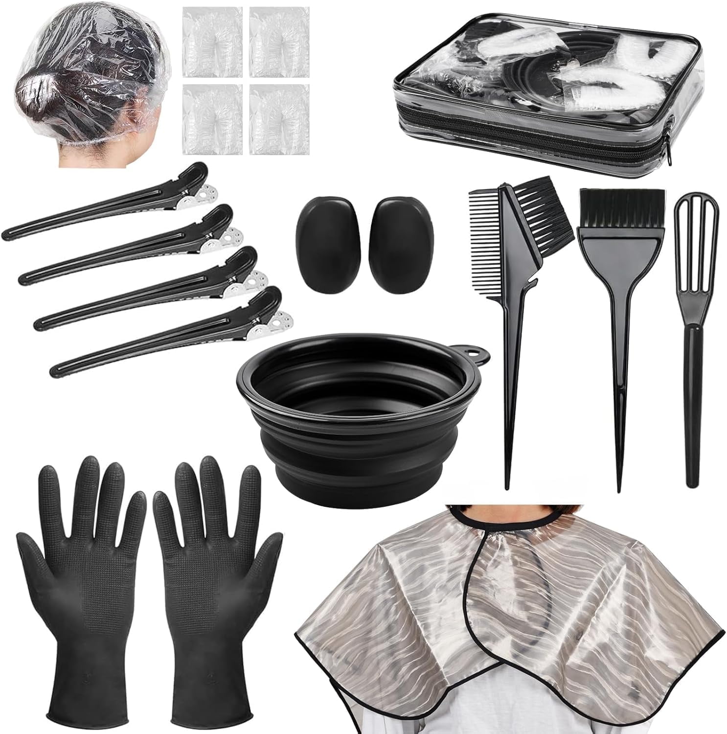 Livhil 16 Pieces Hair Dye Bowl and Brush Kit, Reusable Hair Dye Tools for Salon Home, DIY Hair Dye Kit with Gloves (Black)