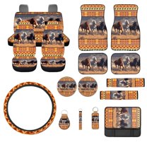 Jeiento Aztec Running Horse Car Seat Cover Full Set Car Floor Mats Steering Wheel Cover Seatbelt Pad Armrest Cover Cup Coaster Keychains Chapstick Holder Orange Auto Interior Accessories Set 17 Pcs