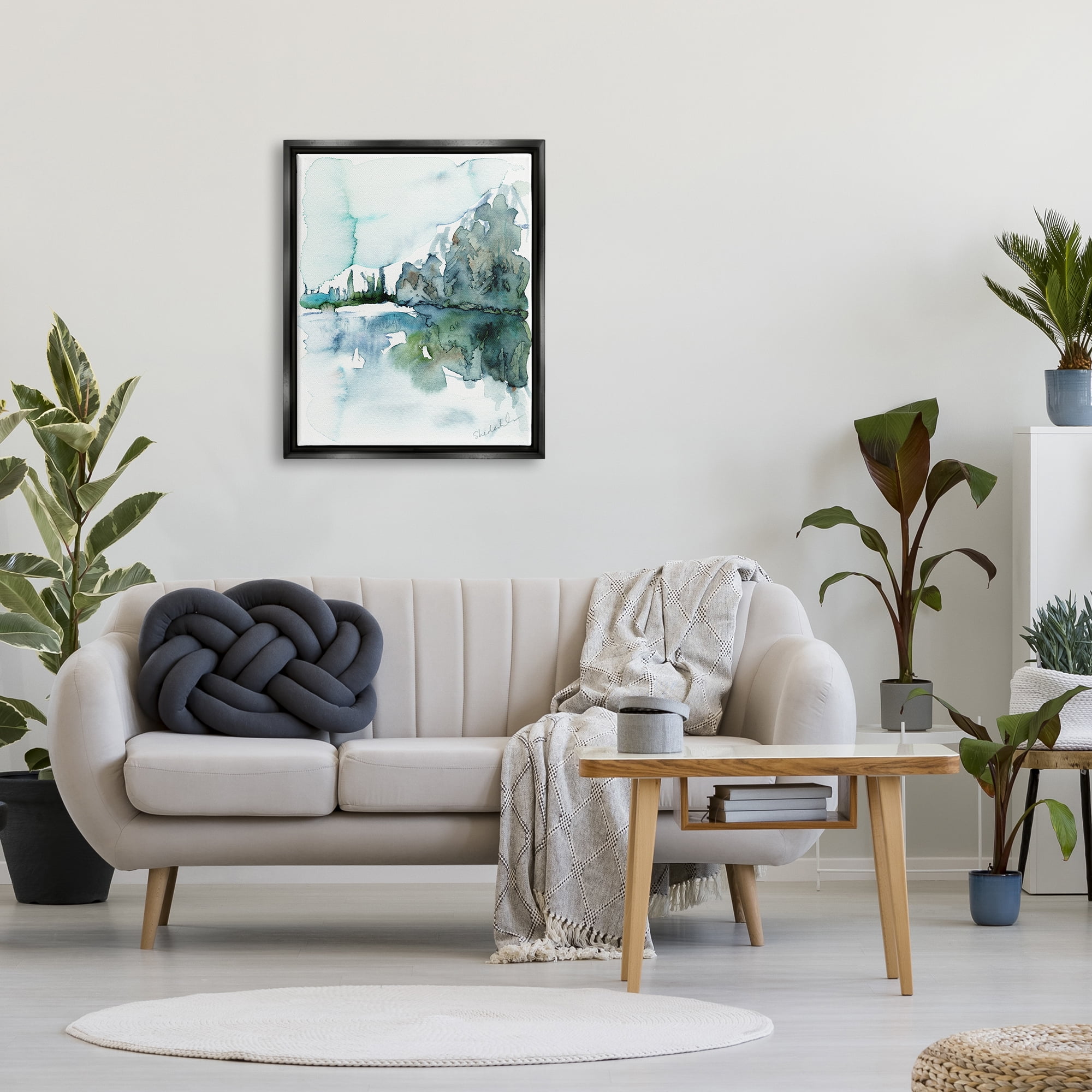 Stupell Industries Trees Lake Reflection Modern Landscape Watercolor Effect Painting Jet Black Floating Framed Canvas Print Wall Art, Design by Kendra Shedenhelm