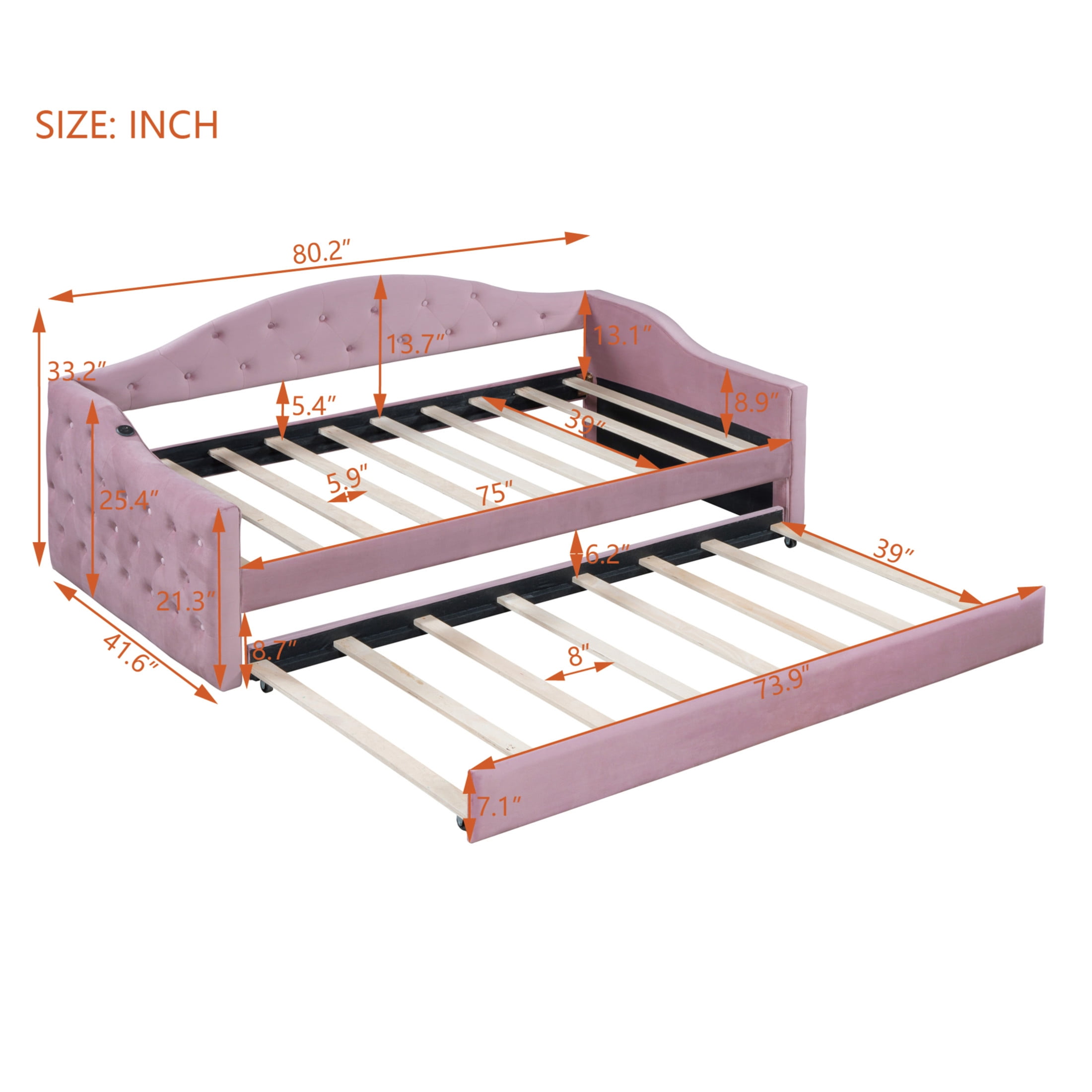 Noble House Twin Tufted Upholstered Daybed with Trundle, USB and Type-C Charging Ports, Pink