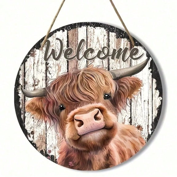 HELLOYOUNG Rustic Farmhouse Welcome Sign Round Wooden Wall Decor Vintage Cow Print Front Door Entryway Home Decor Wall Art for Housewarming Gift