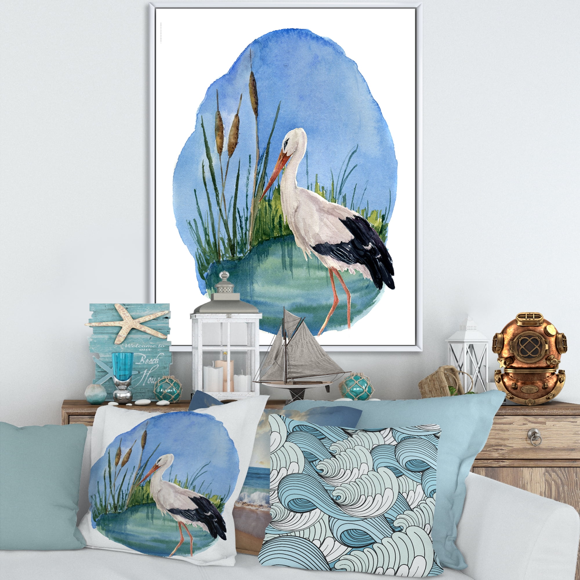 Designart 'White Stork On The Swamp Blue' Traditional Framed Canvas Wall Art Print