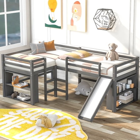 CLEARANCE! Twin Size L-Shaped Loft Bed with Movable Two-Tier Shelves and Slide Gray
