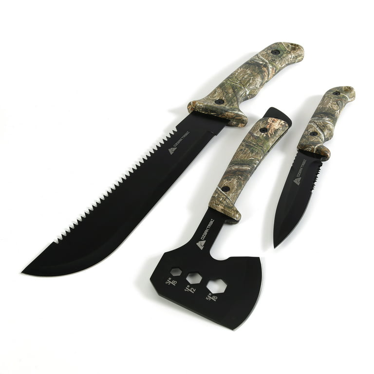 Ozark Trail 12-Pack Camping Tool Set with 180-Lumen Flashlight, 10 Machete,  4.5 Hatchet, 5 Knife, Sharpening Stone, Fire Starter, 50 Foot Utility  Cord and Carabiners, Mossy Oak Dna Camo 