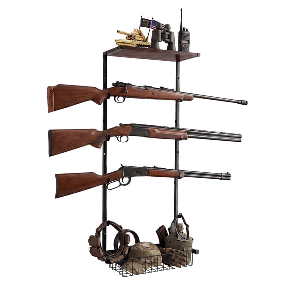 Gun Rack for Wall, 4 Gun Rack Wall Mount with Storage Basket, Rifle Racks Gun Display for Hunting Rifle Airsoft Gun Holder, Black