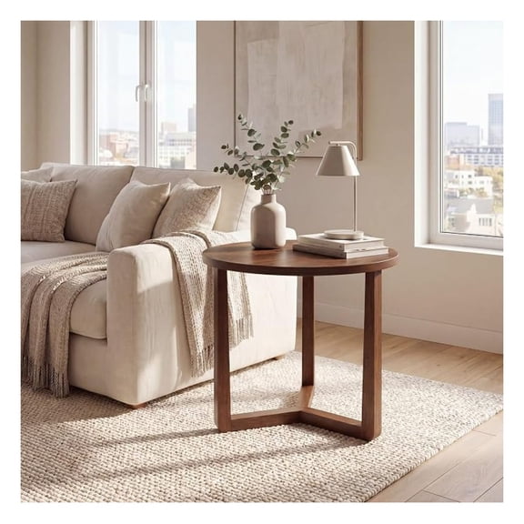 Sunshen Farmhouse Side Table, 22.5” Round End Table with Solid Rubber Wood Legs, Compact Nightstand Bedside Table for Small Spaces, Accent Table for Living Room Bedroom (Walnut,1)