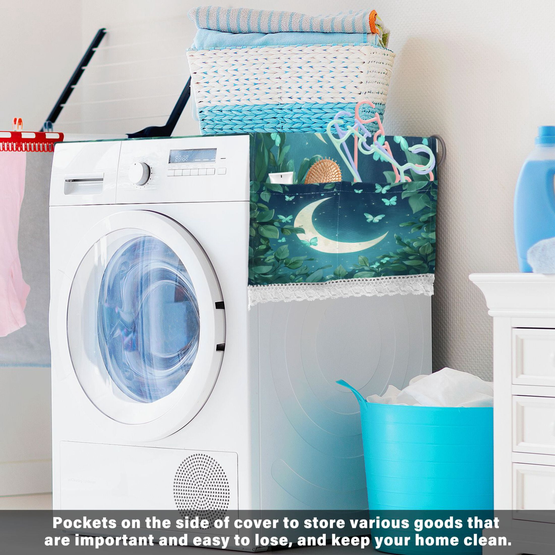 Washing Machine Cover 51.2x22in, Durable Polyester Dust Cover with Lace Trim and Side Pocket for Appliances Butterfly Around The Moon