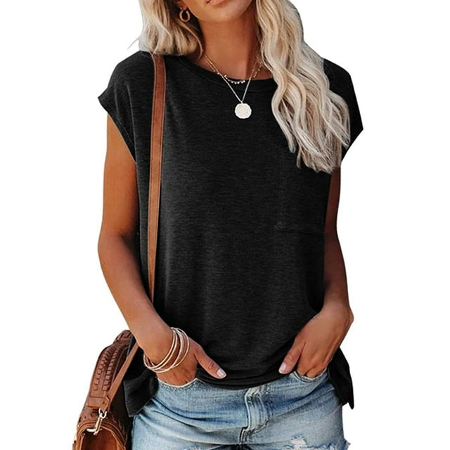Fashnice T-Shirts d'Été pour Femmes à Manches Courtes Col Ras du Cou T-shirt Ample Chandail Quotidien Noir G