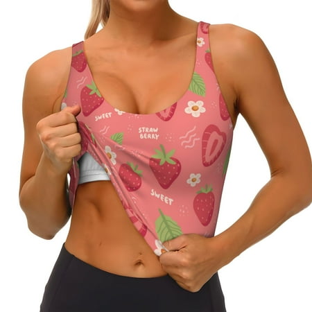 Qokaie Strawberry Floral Pattern Womens Scoop Neck Sports Bra Breathable Workout Vest Padded U Back Medium Impact Fitness Gym Yoga Bra Workout Crop Top