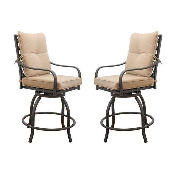 Gzxs Patio Swivel Metal Bar Stools Set of 2, Outdoor Counter Height High Back Bar Chairs with Seat & Back Cushions for Backyard, Lawn Garden, Balcony and Pool, 380lbs Capacity, Khaki