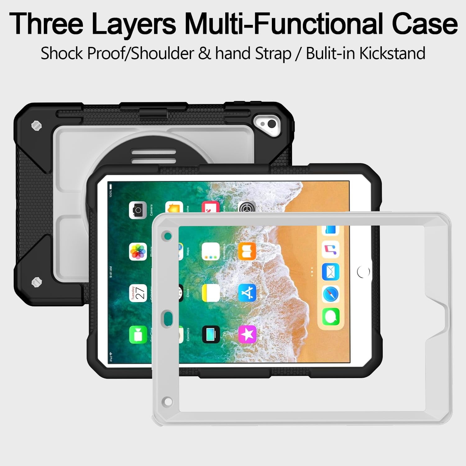BMOUO iPad 6th / 5th Generation Case,iPad 9.7 2018/2017 Case,iPad Air 2 Case,3 Layer Shockproof [360 Swivel Stand][Hand Strap][Pencil Holder] Kids Case for iPad 9.7 Inch 2018/2017 - Black+Grey