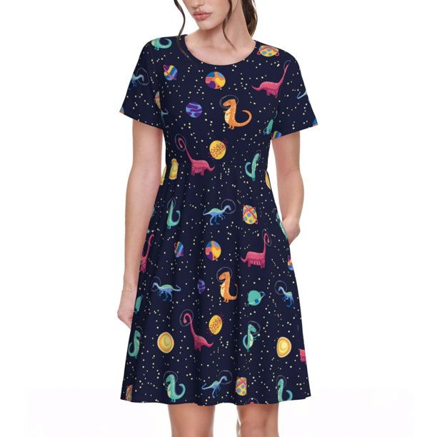 Balery Space Dinosaur Vestidos sueltos de manga corta para mujer, vestidos de verano 2025, vestidos casuales de corte A con vuelo.