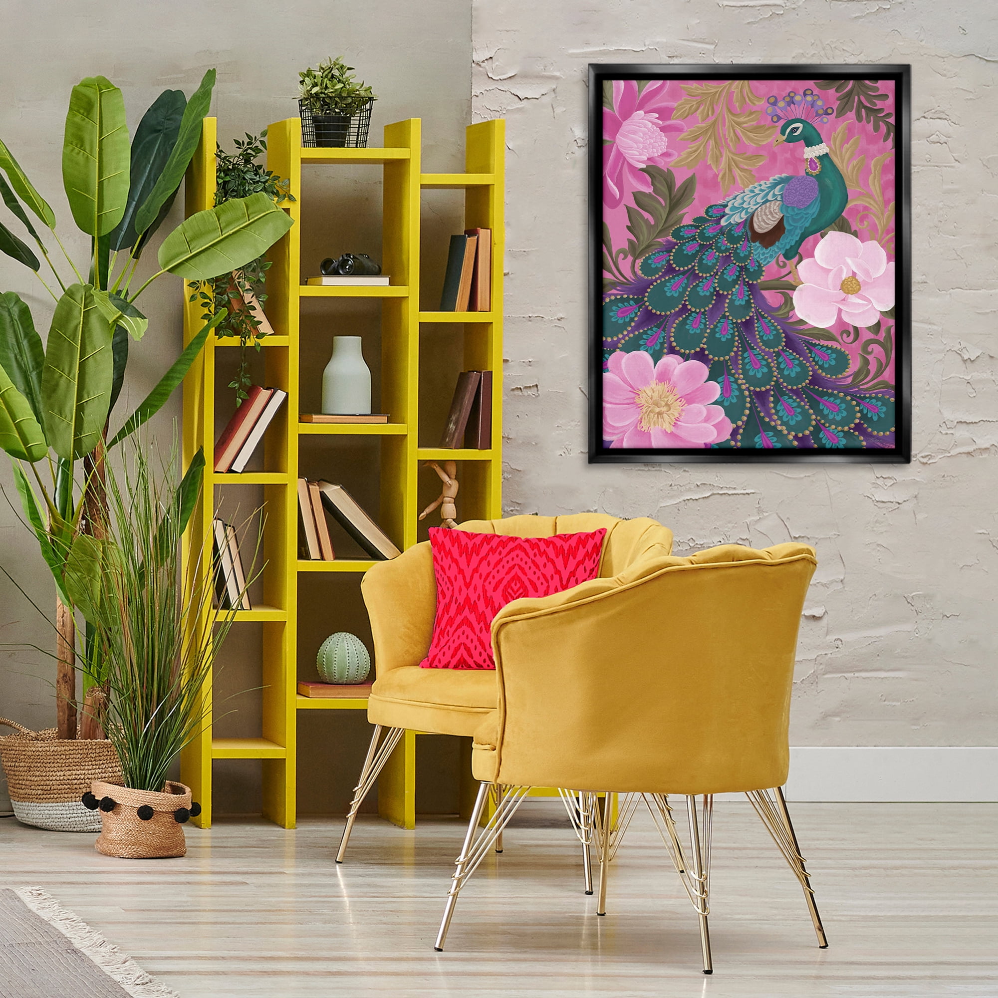 Stupell Industries Peacock & Pink Blossoms Animals & Insects Painting Black Floater Framed Canvas Art Print Wall Art, 25 x 31