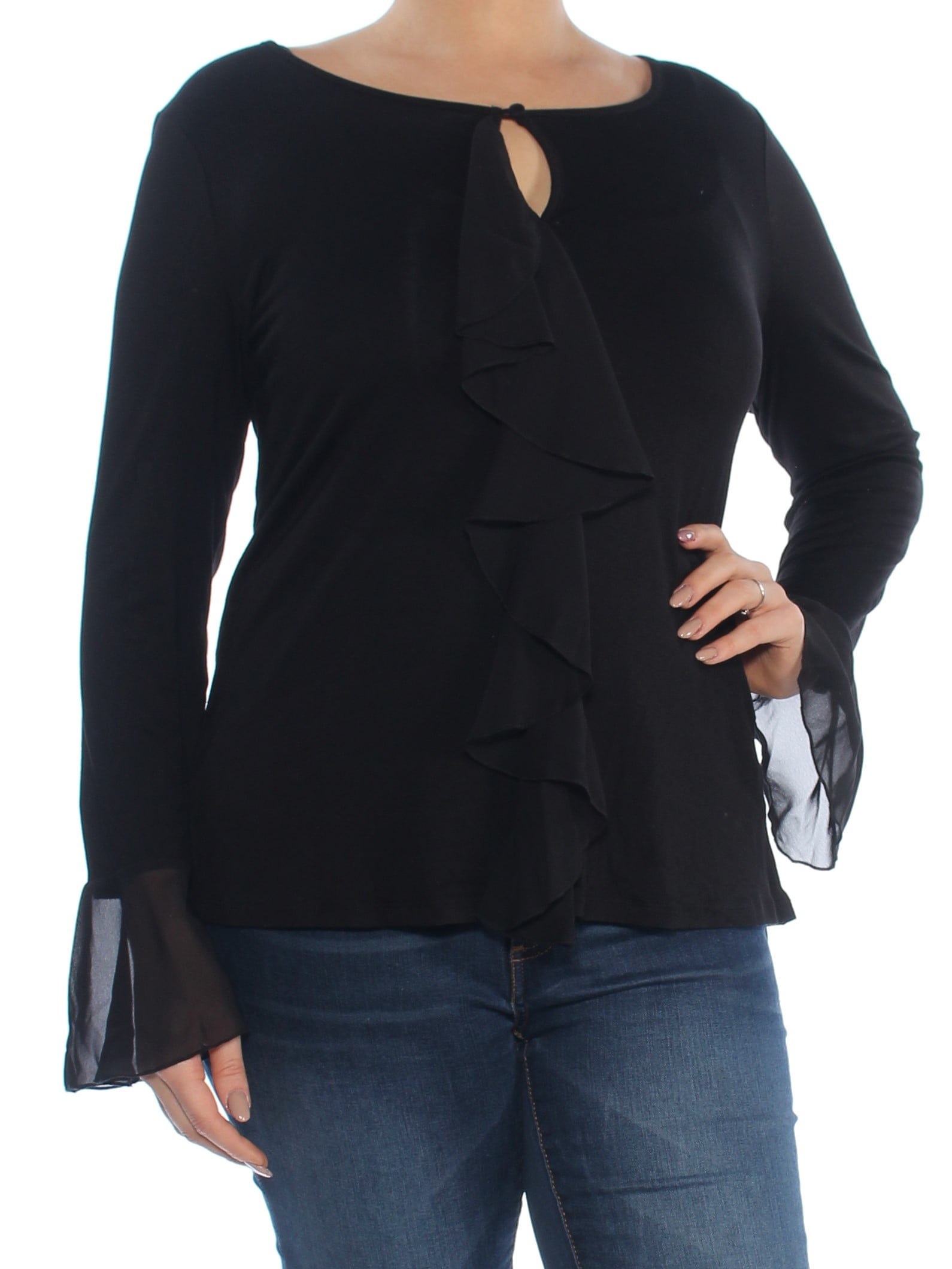 Cable & Gauge CABLE AND GAUGE Womens Black Ruffled Trim Long Sleeve Keyhole Blouse Top Size L