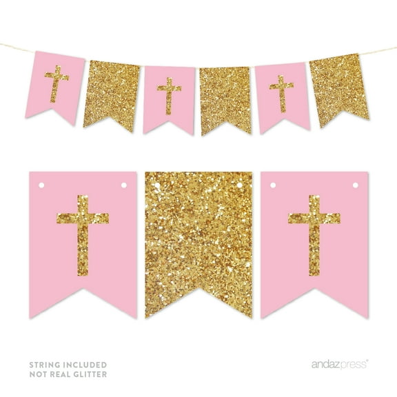 Pink Gold Glitter Baptism Communion Christening Pennant Party Banner