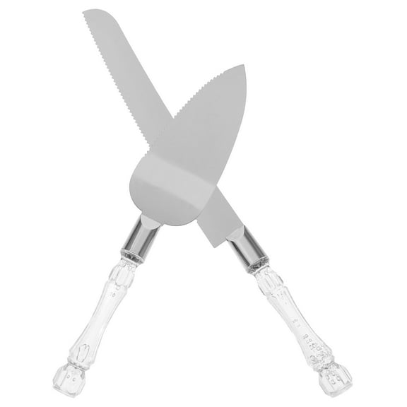 MLINS Elegant Crystal Handle Cake Knife and Server Set for Weddings with Stainless Steel and Plastic Silver 2pcs