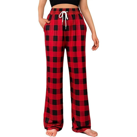 Yuyuzo Plaid Pajama Pants for Women Drawstring Waist Wide Leg Straight Pants Casual Baggy Trousers